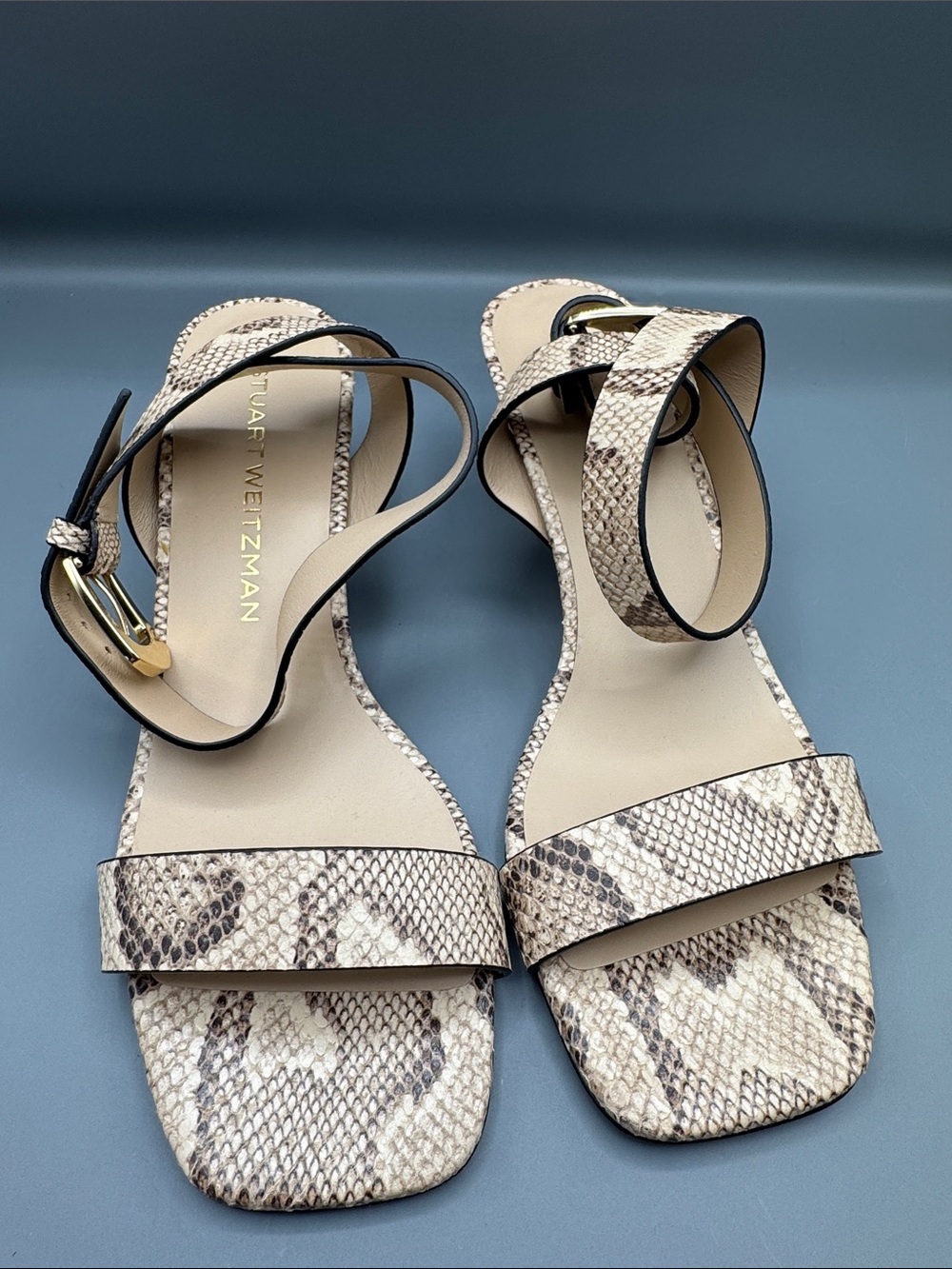 Stuart Weitzman 50mm Sai Snake-Embossed Leather Ankle-Strap Sandals
